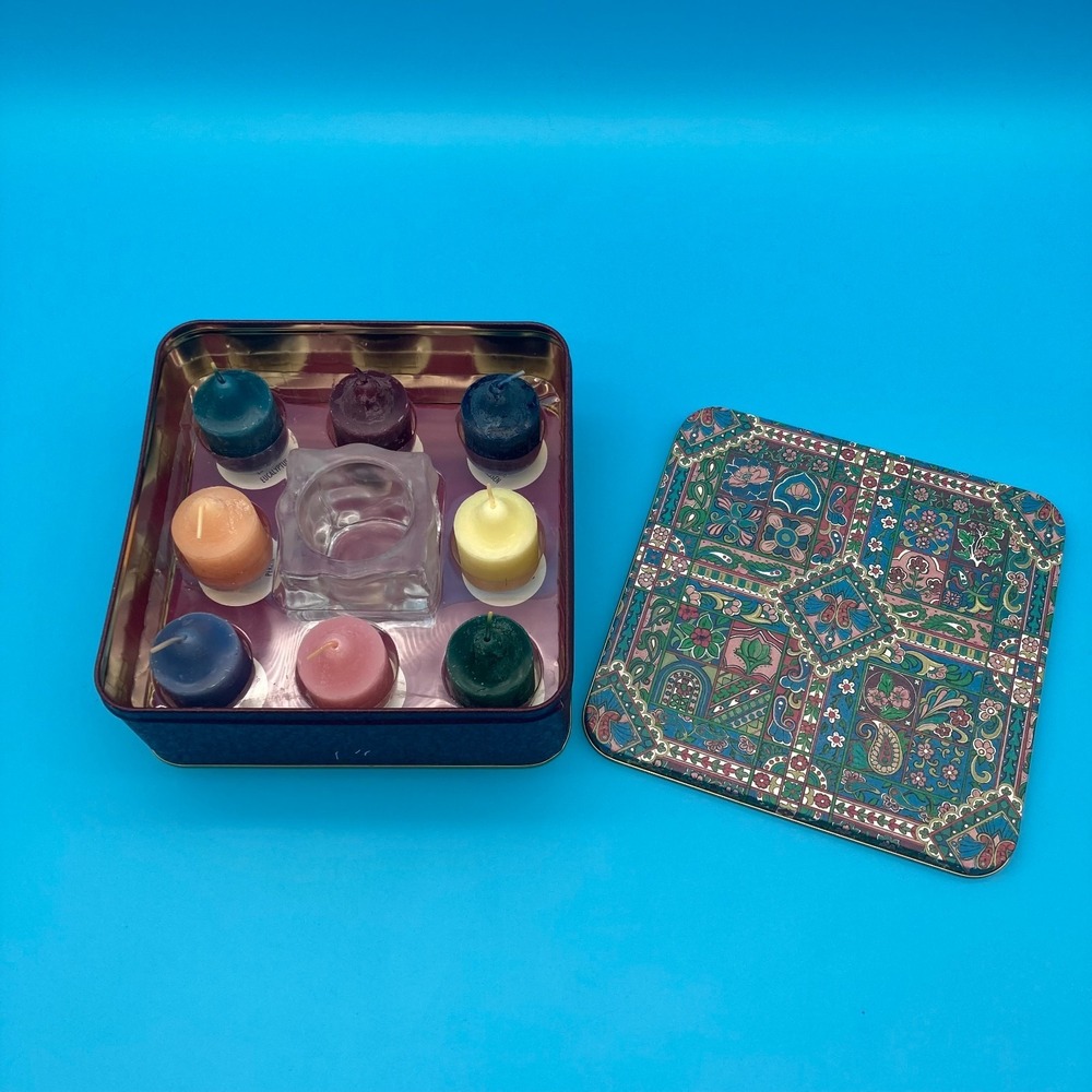 2000s PartyLite Global Fusion Sampler Tin - 8 Votives & Glass Holder